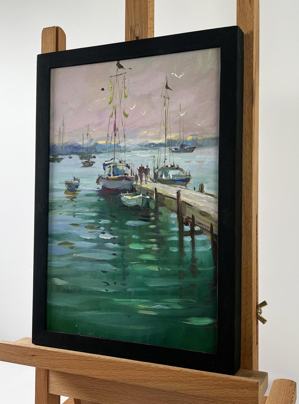 Oil painting Where boats sleep at the pier by Yuriy Suprunchuk in black frame