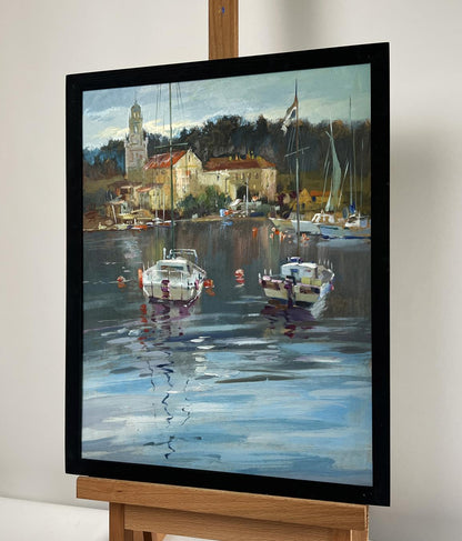 Framed oil painting Between the Sea and the Sky by Yuriy Suprunchuk, serene harbor scene