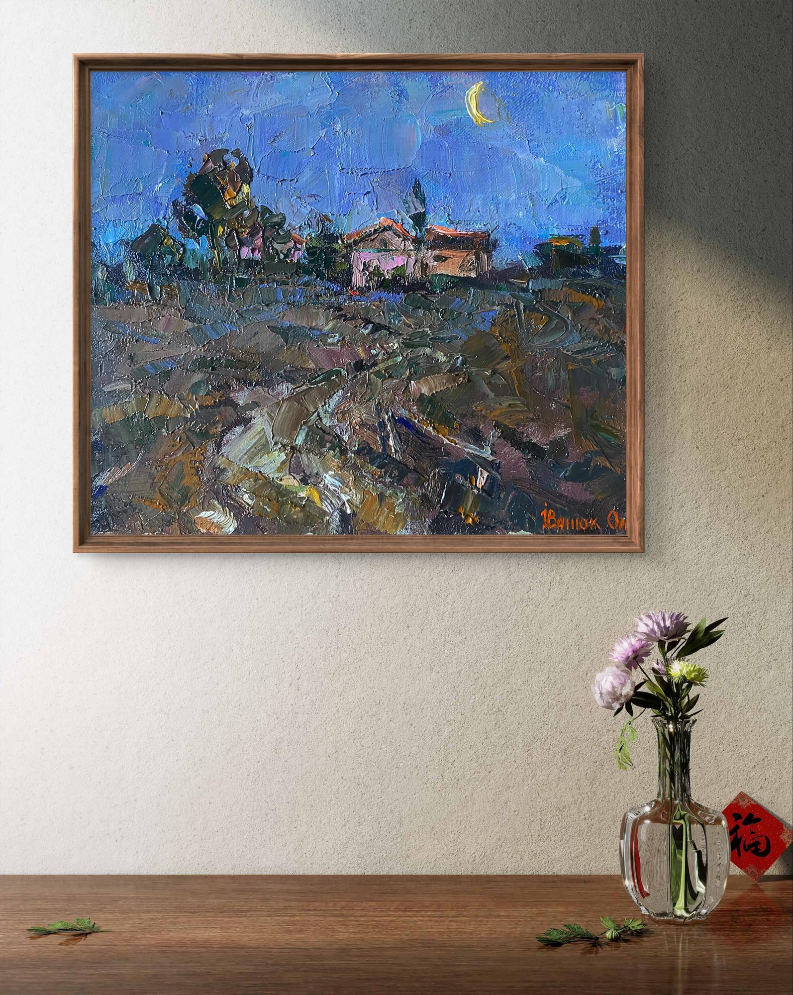 Framed Oil painting Moon morning by Oleksiy Ivanyuk, textured moonlit village