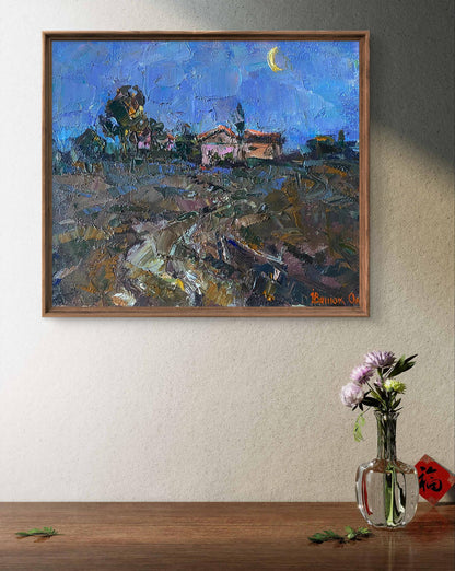 Framed Oil painting Moon morning by Oleksiy Ivanyuk, textured moonlit village