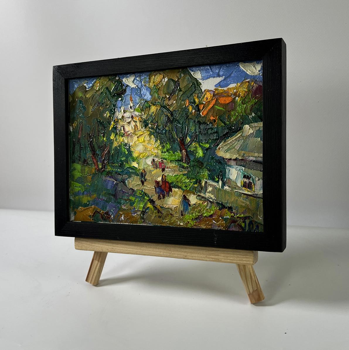 Oil painting Feast day in village by Oleksiy Ivanyuk in black frame