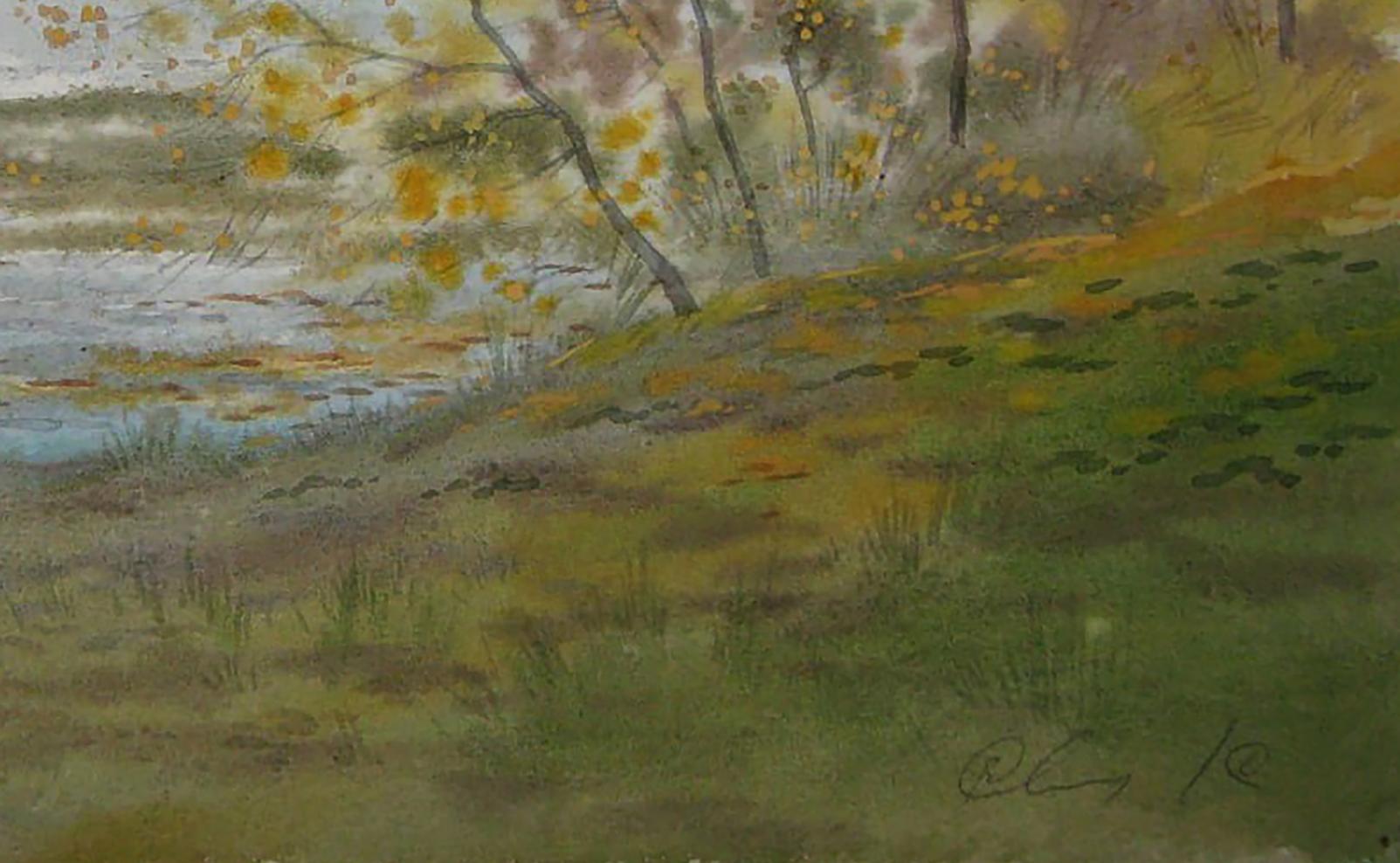 Watercolor painting of autumn shore river by Valery Savenets
