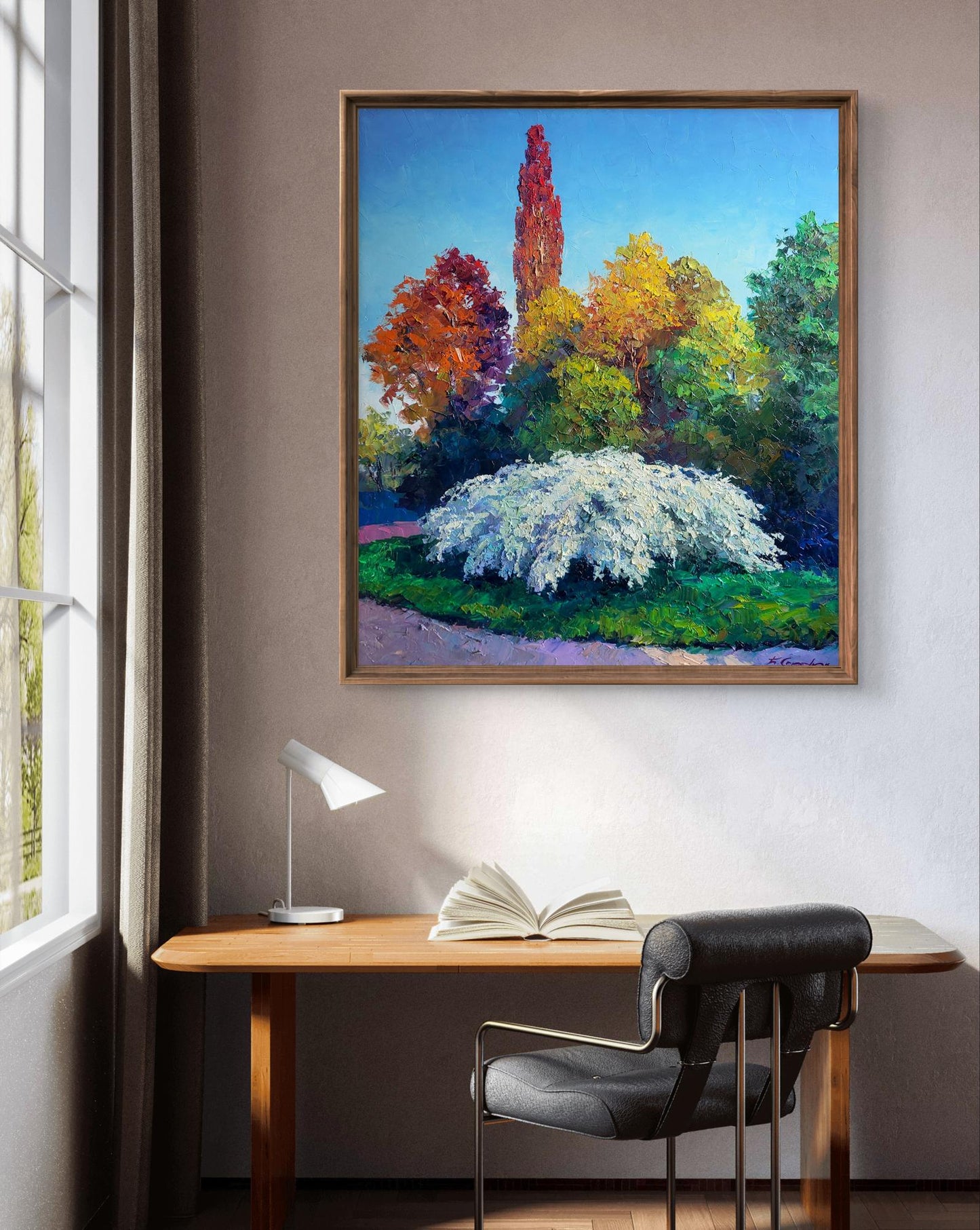 Oil painting Spirea Wangutta Bride by Boris Serdyuk with autumn trees