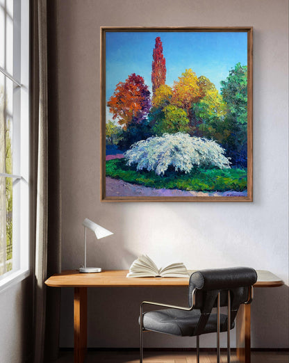 Oil painting Spirea Wangutta Bride by Boris Serdyuk with autumn trees