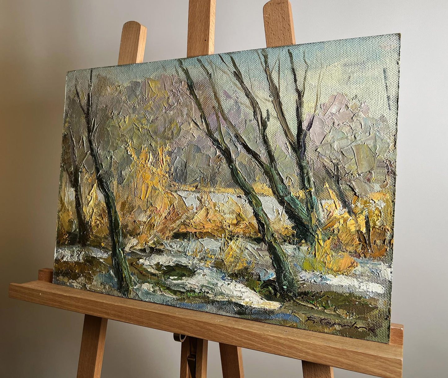 Oil painting The first snow fell by Boris Serdyuk, impressionistic snowy landscape