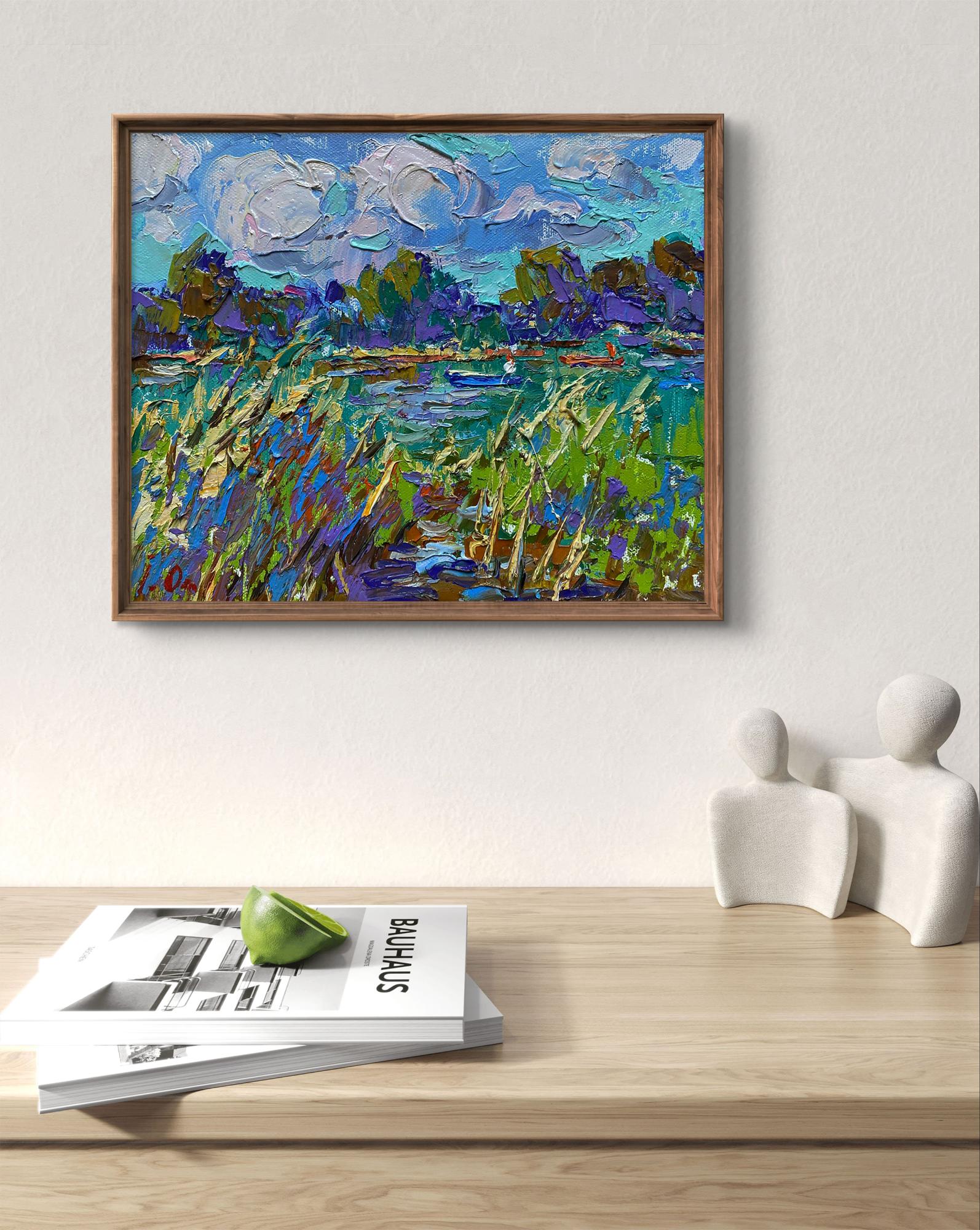 Oil painting Among the Reeds by Oleksiy Ivanyuk lush green landscape