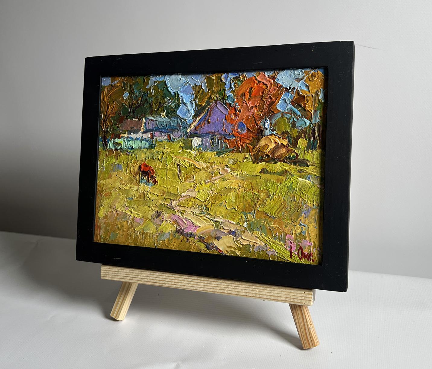 Oil painting Autumn has come to the village by Oksana Ivanyuk in black frame