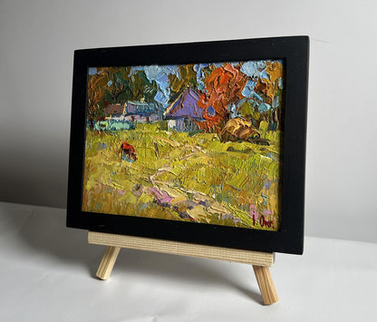 Oil painting Autumn has come to the village by Oksana Ivanyuk in black frame