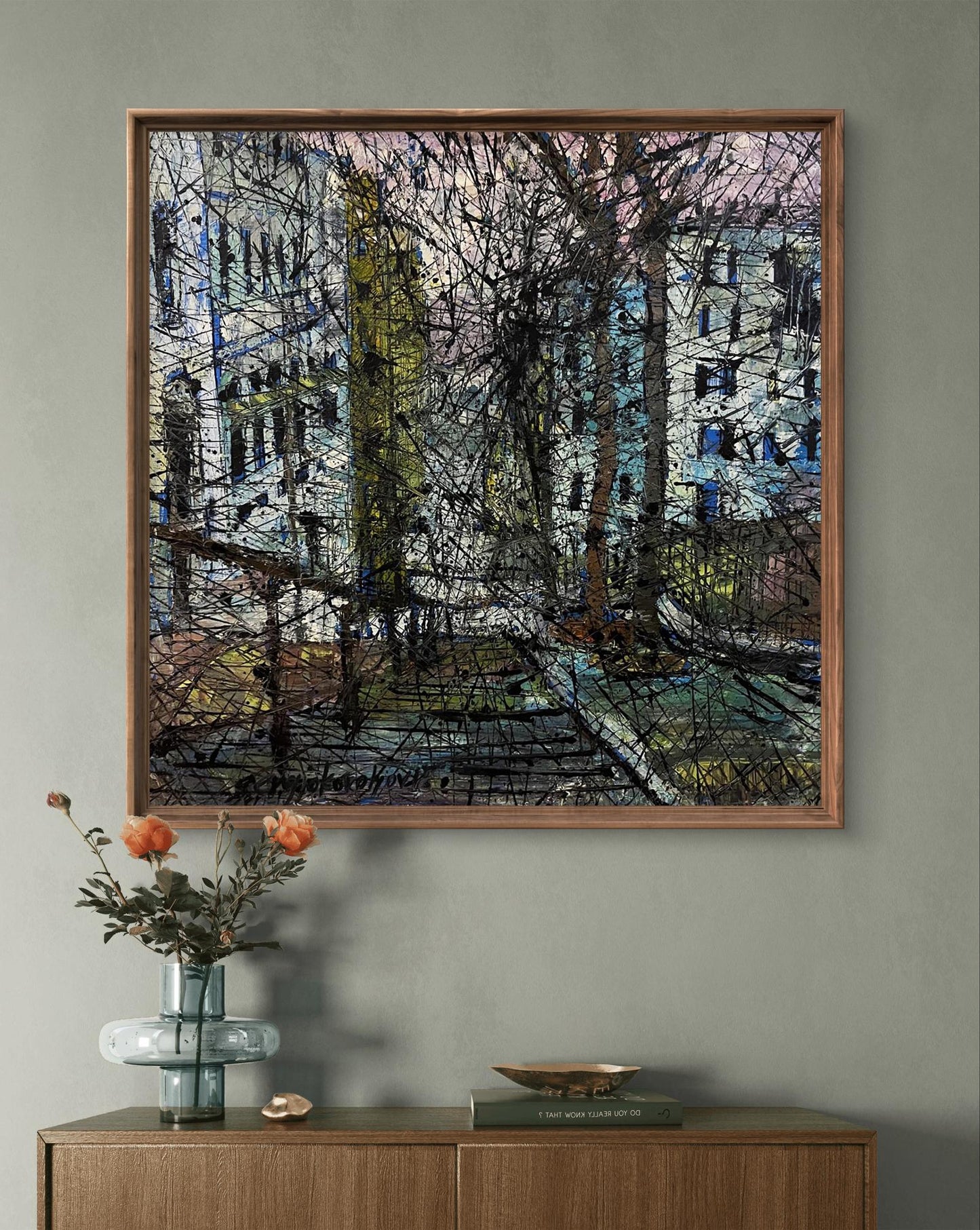 Framed oil painting Descending from the stairs by Serhiy Kovalev, abstract urban scene