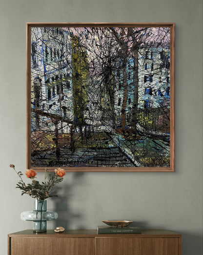 Framed oil painting Descending from the stairs by Serhiy Kovalev, abstract urban scene