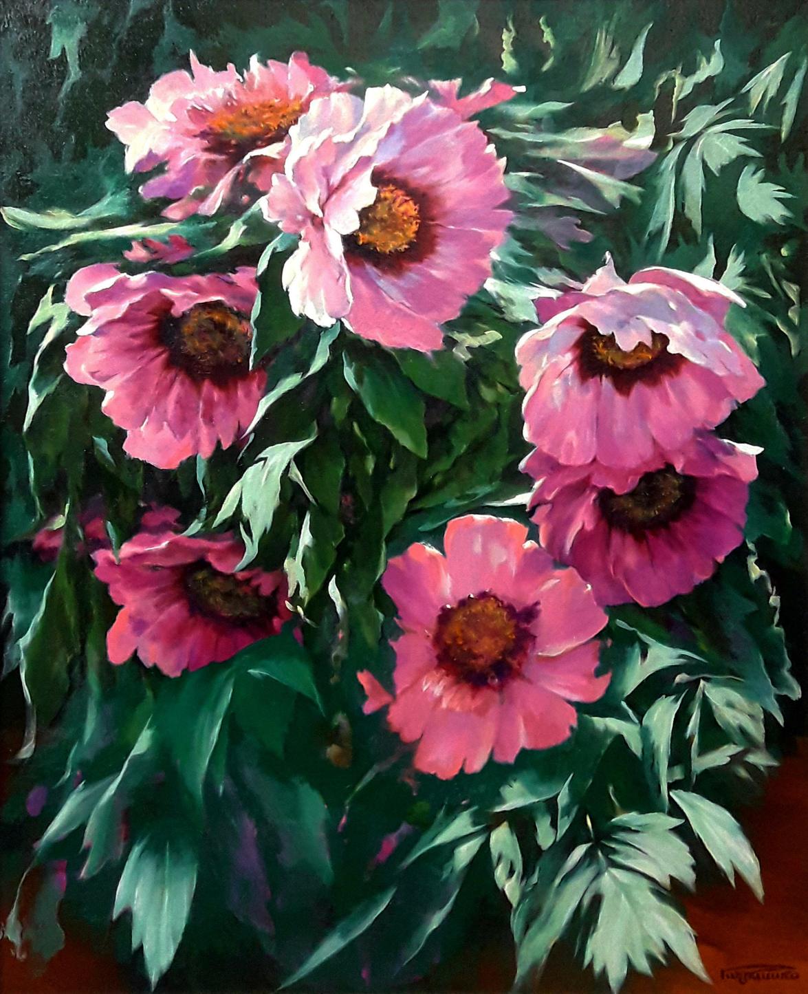 Oil painting of pink peonies tree by Vasily Korkishko