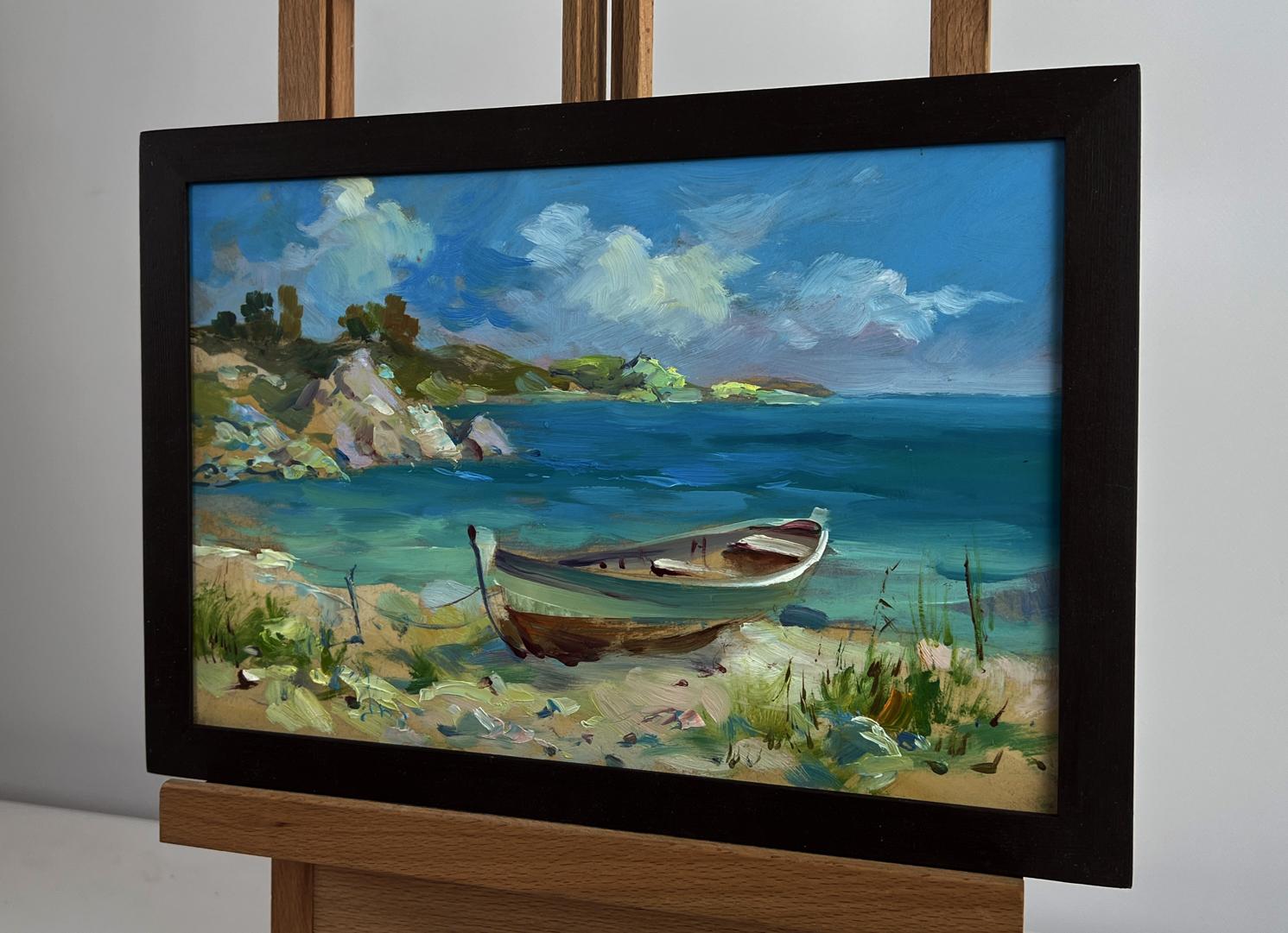 Oil painting Boat on the seashore by Yuriy Suprunchuk in black frame