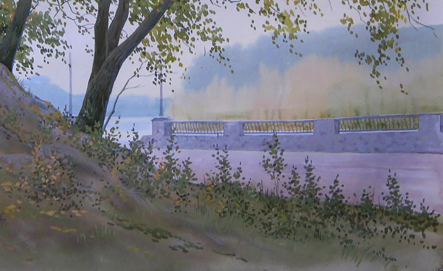 Watercolor painting Autumn morning by Valery Savenets riverside scene