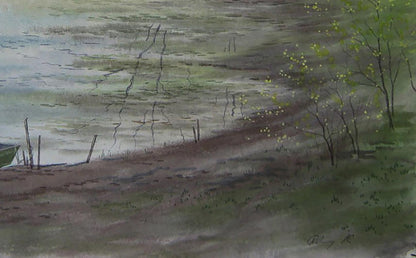 Watercolor painting of old boat by tranquil lakeside with cracked earth