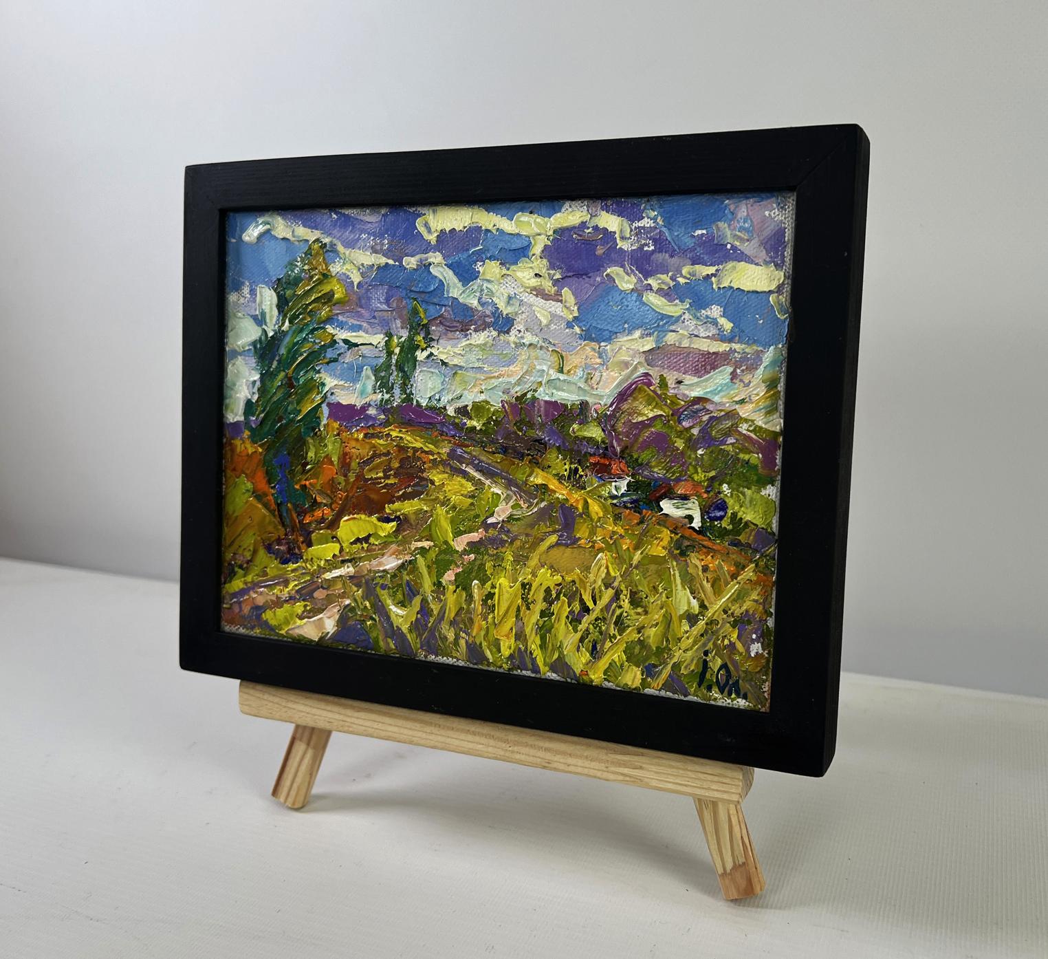 Vibrant Oleksiy Ivanyuk impressionist oil painting of clouds like fairy tale ships in black frame