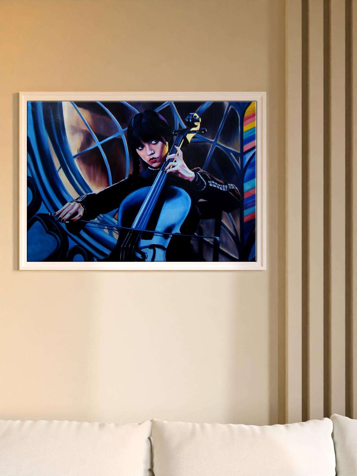 Oil painting Wednesday by Yulia Lihina: cellist in blue black with rainbow accents