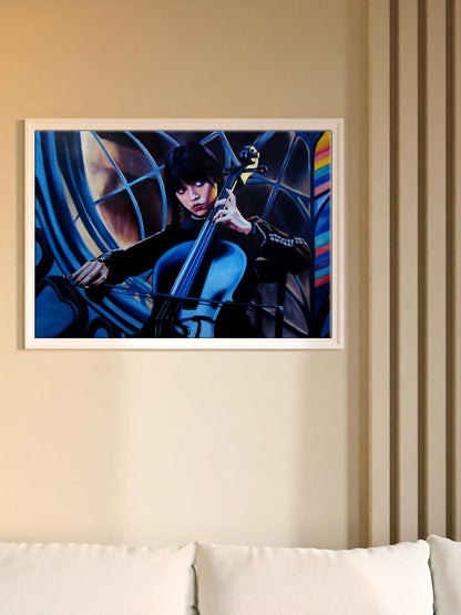 Oil painting Wednesday by Yulia Lihina: cellist in blue black with rainbow accents