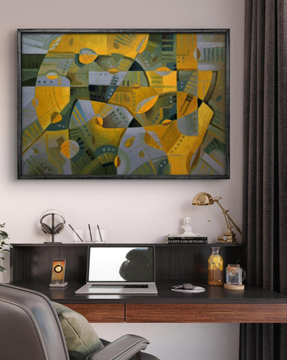 Oil painting October Wind by Sergiy Voichenko with yellow green gray geometric shapes