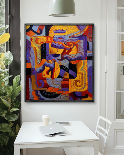 Vibrant oil painting Biting the Tail by Sergiy Voichenko on white wall