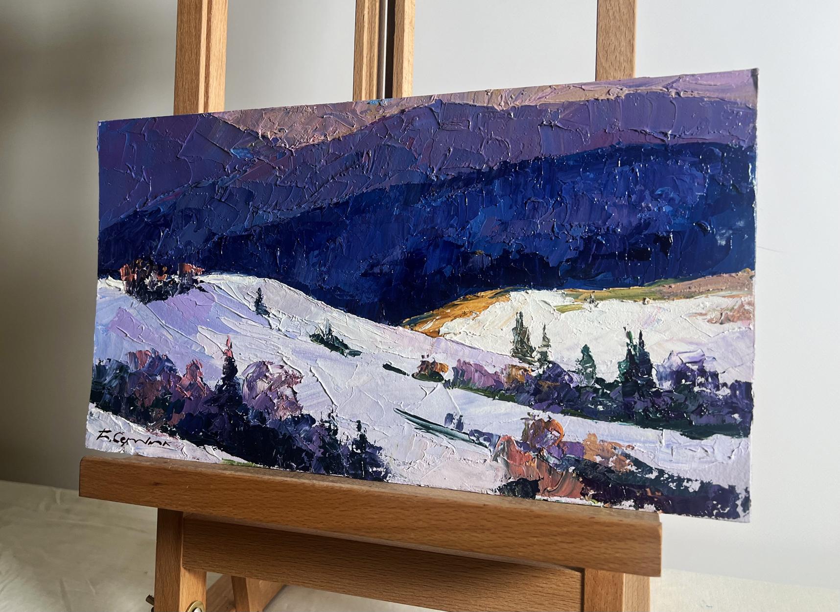 Oil painting of snow-covered mountains and trees by Boris Serdyuk
