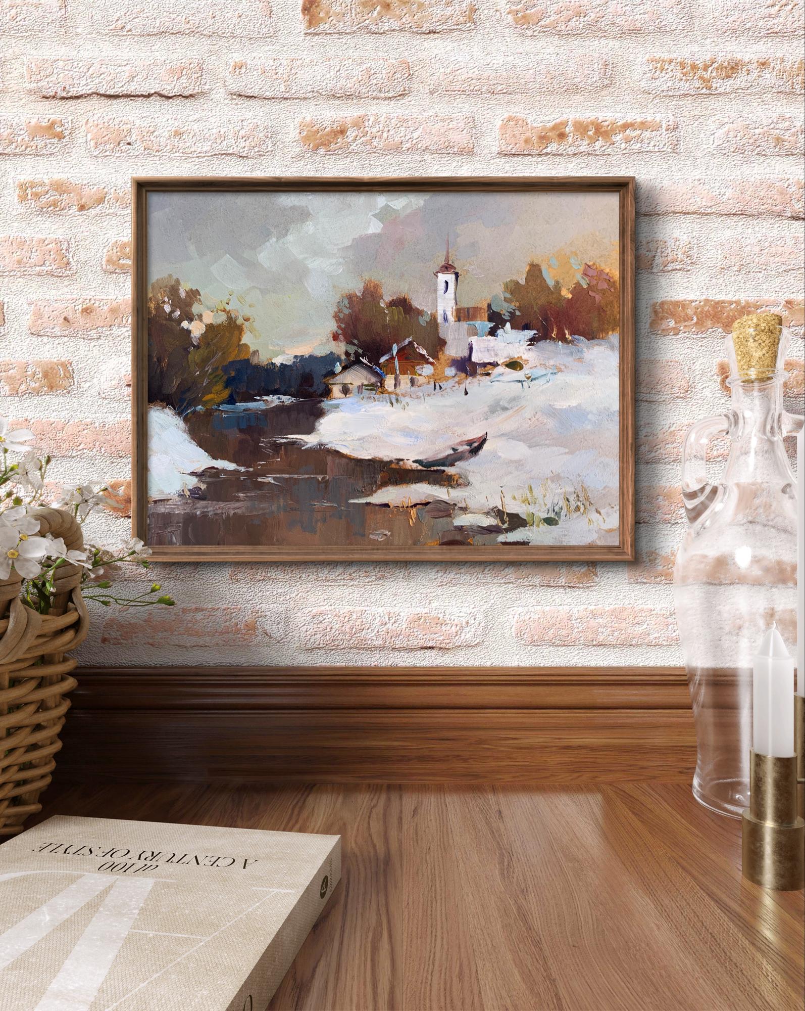 Framed impressionistic oil painting Winter evening by Yuriy Suprunchuk
