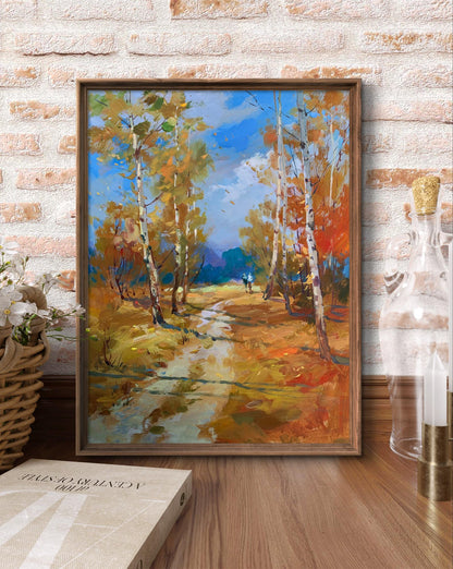 Oil painting by Yuriy Suprunchuk: Jogging through vibrant autumn forest path