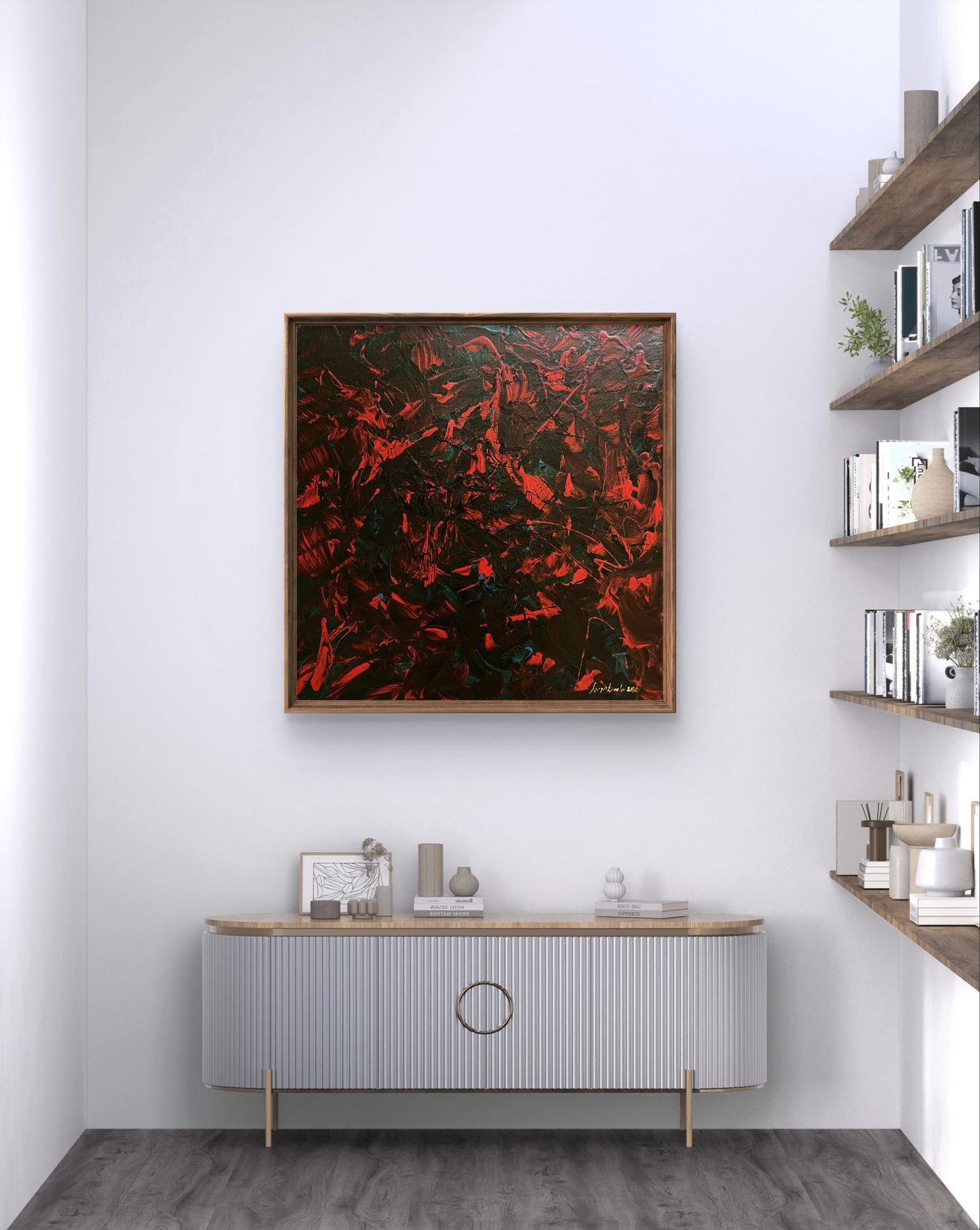 Oil painting Search for Truth by Serhiy Kovalev, vibrant red and green abstract in wood frame