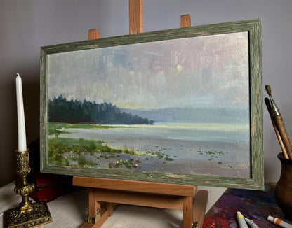 Oil painting Tranquility by the River by Tatyana Derdey in rustic green frame