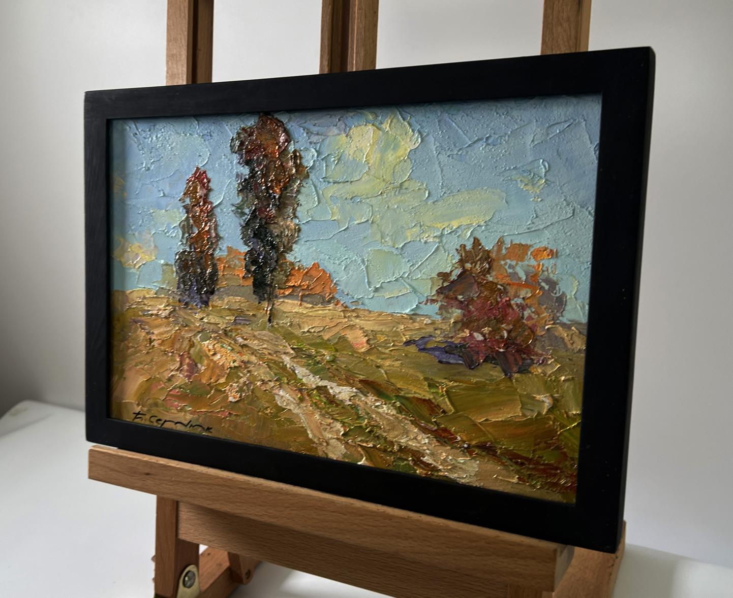 Oil painting Across the Autumn Field by Boris Serdyuk with textured trees