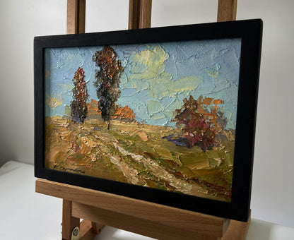 Oil painting Across the Autumn Field by Boris Serdyuk with textured trees