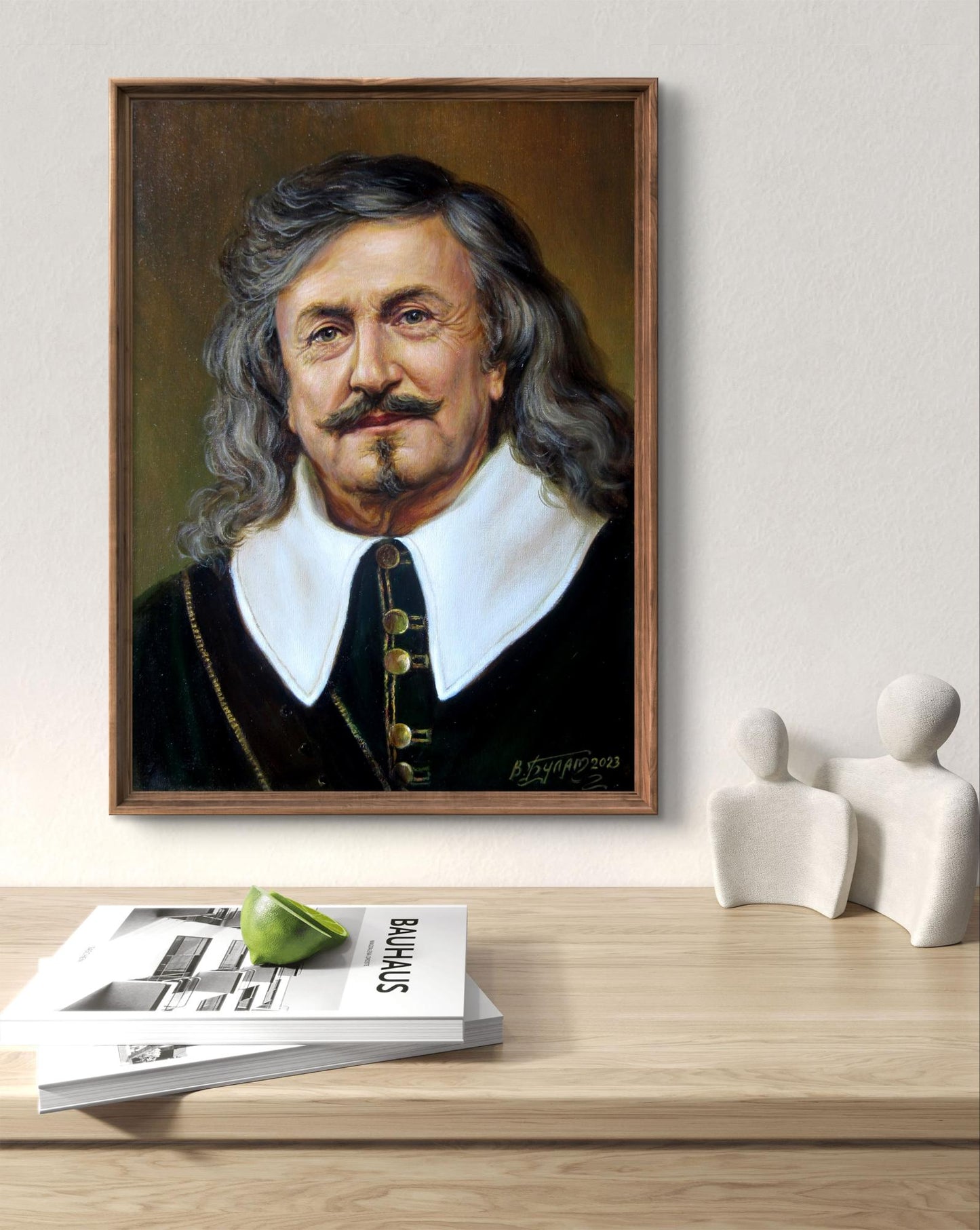 Framed oil painting of long-haired mustached man in black doublet by Valeriy Bulat