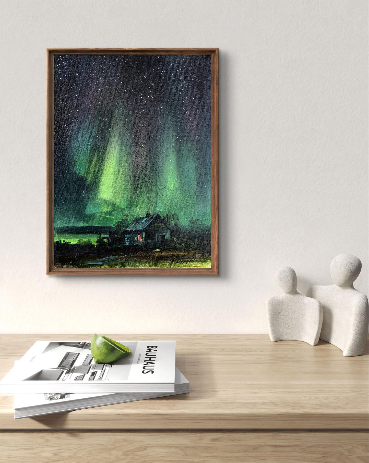 Oil painting Northern lights Tatyana Derdey framed green aurora over rustic house