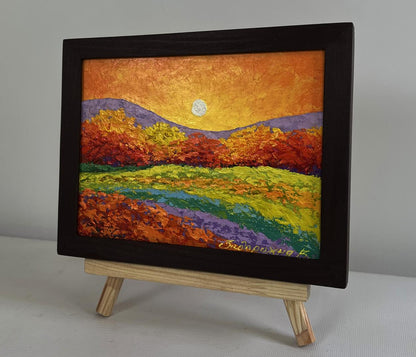 Oil painting Farewell light behind the mountains by V. Zadorozhnya in black frame