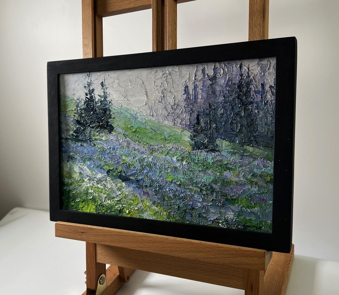 Oil painting of mountain meadows by Boris Serdyuk in black frame