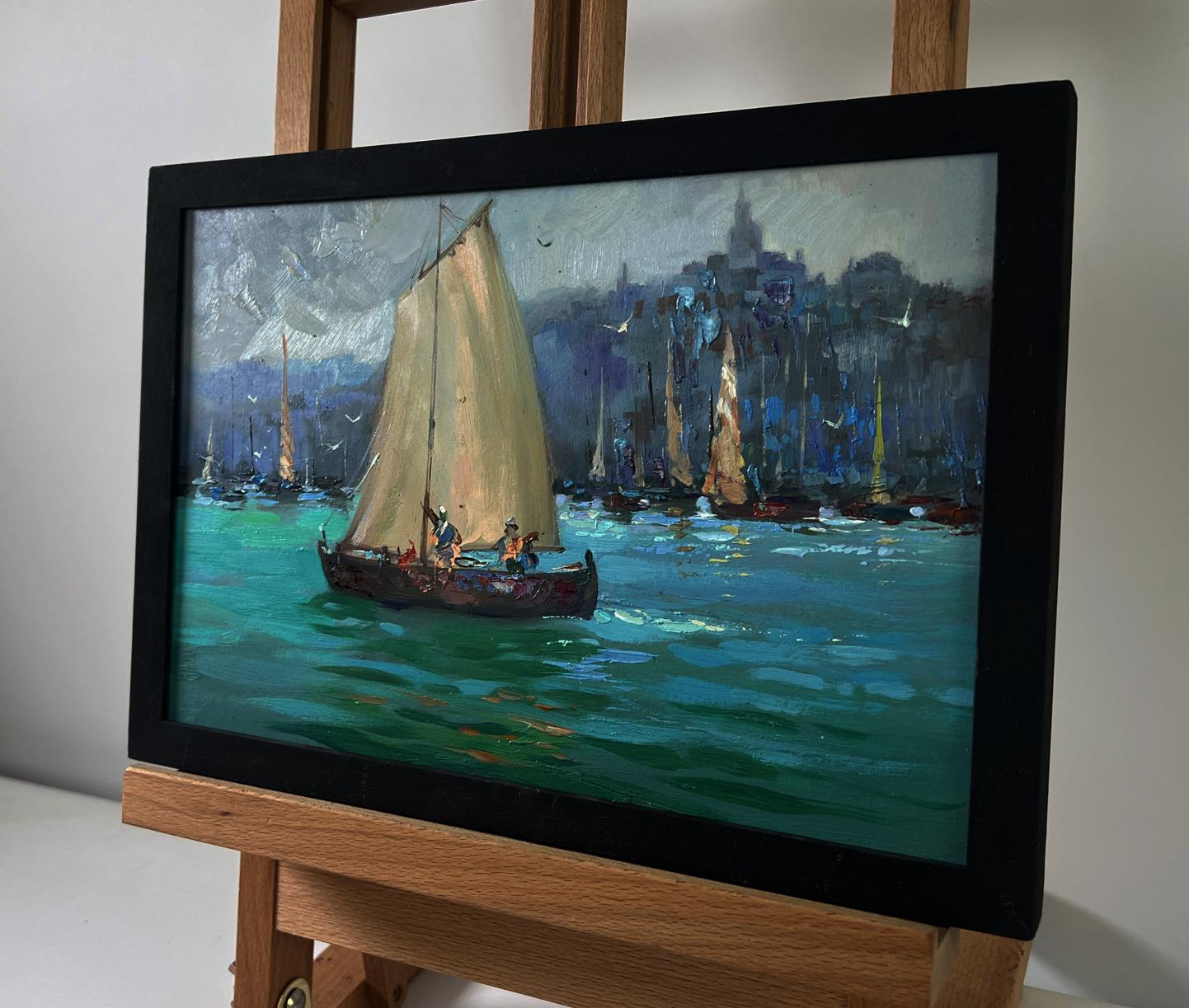 Framed oil painting of Yuriy Suprunchuk fishermen sailboat at dawn on turquoise sea