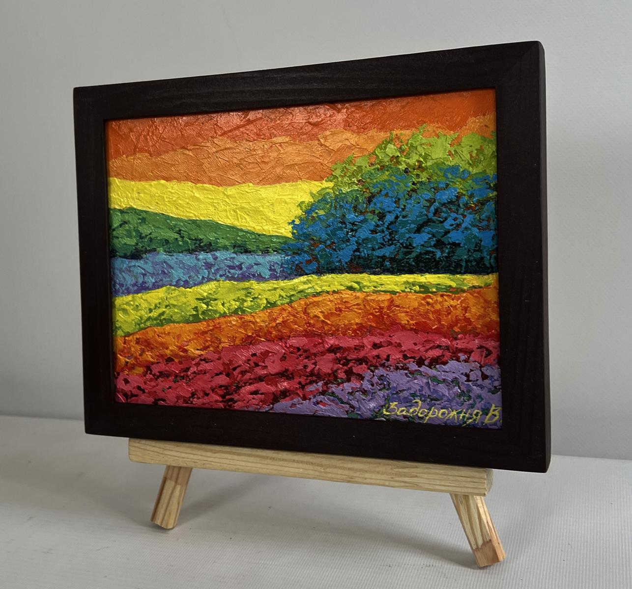 Fiery sunset on horizon oil painting by V. Zadorozhnya in black frame