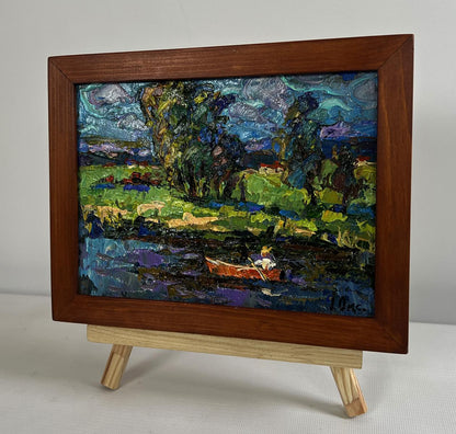 Oil painting Sunny day by the river by Oksana Ivanyuk in wooden frame