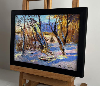 Oil painting In the winter forest by Boris Serdyuk in black frame