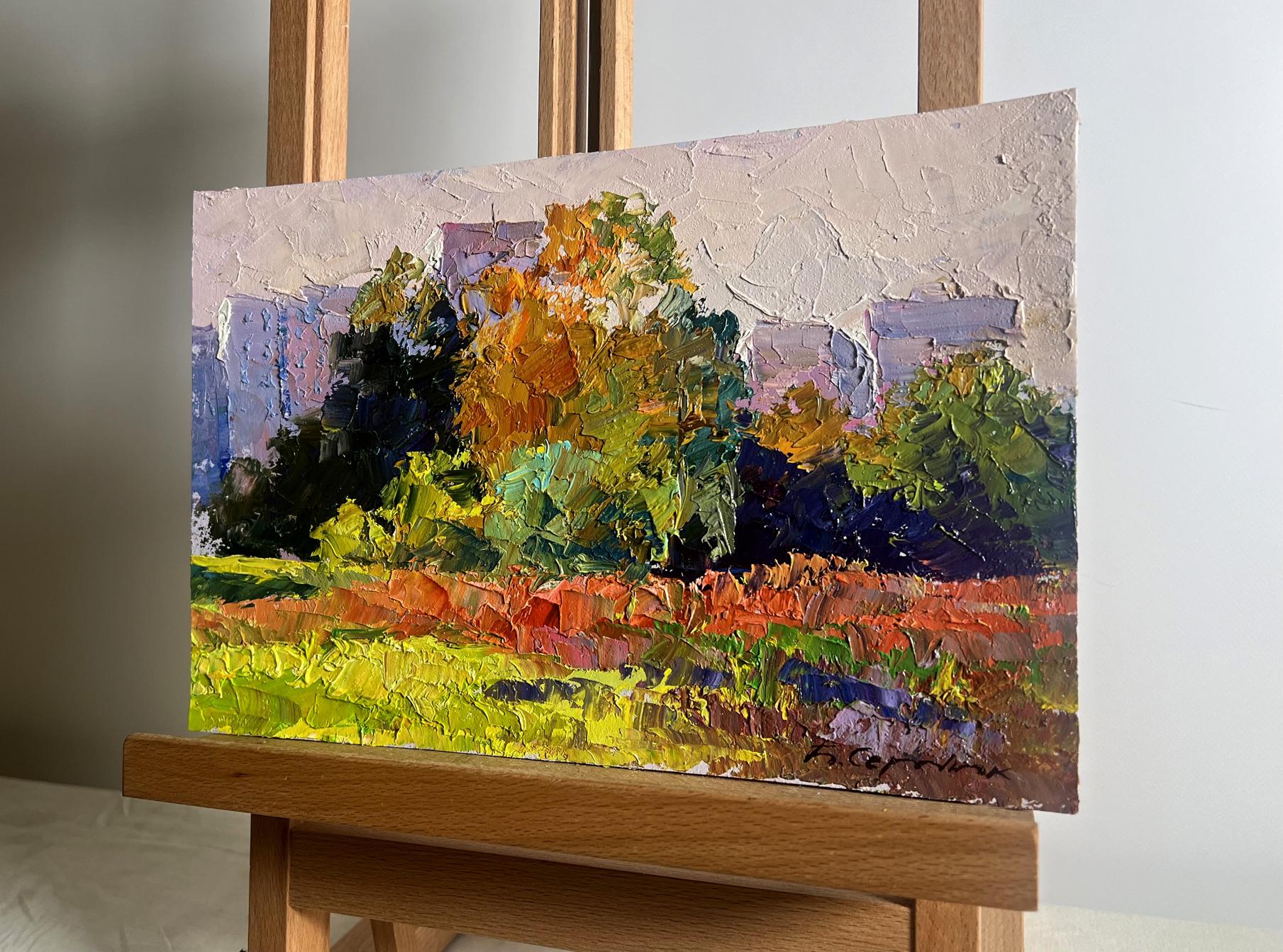 Vibrant impasto oil painting of autumn meadows outside city by Boris Serdyuk
