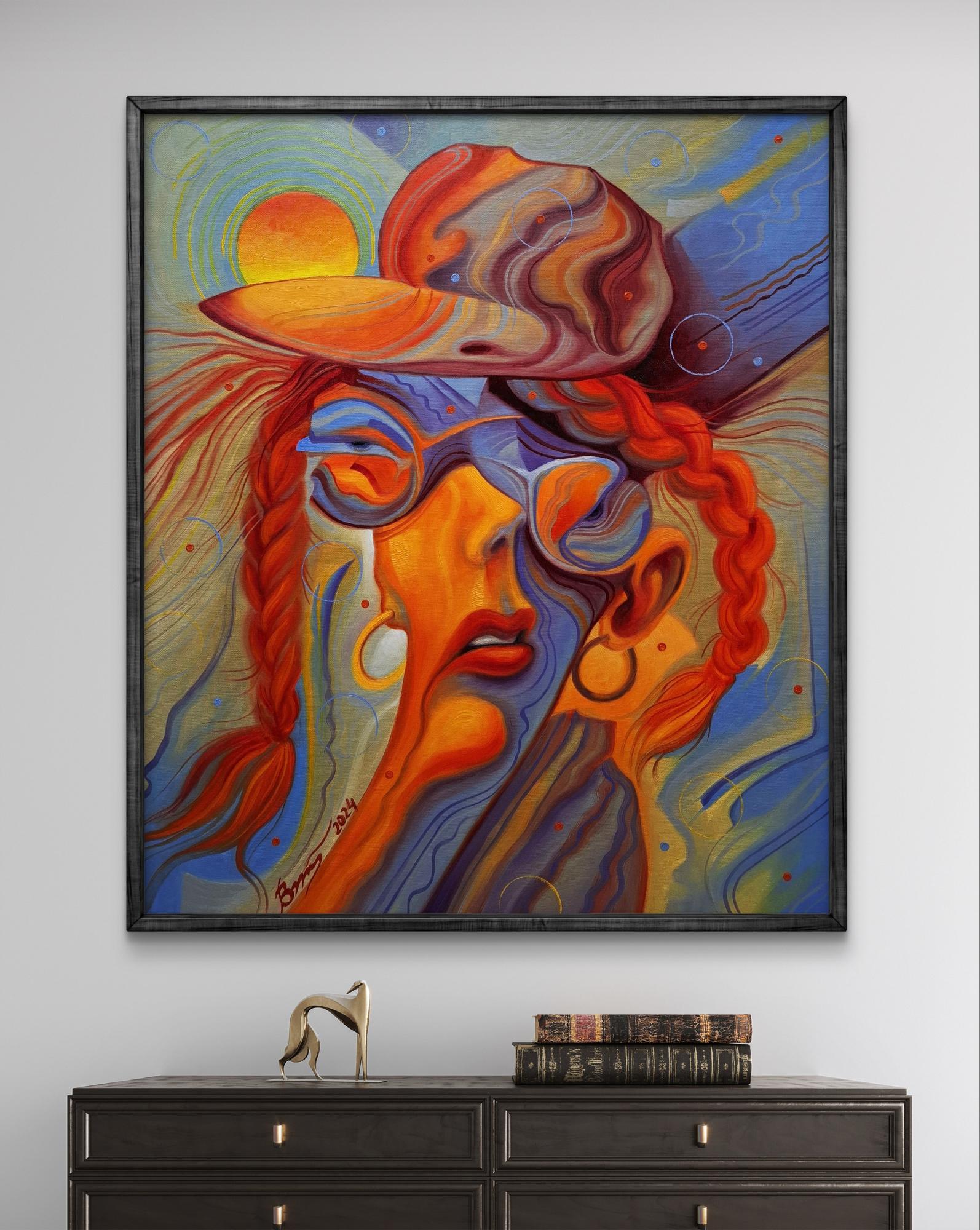 Vibrant abstract oil portrait At noon in summer by Sergiy Voichenko in dark frame
