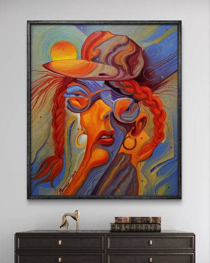 Vibrant abstract oil portrait At noon in summer by Sergiy Voichenko in dark frame