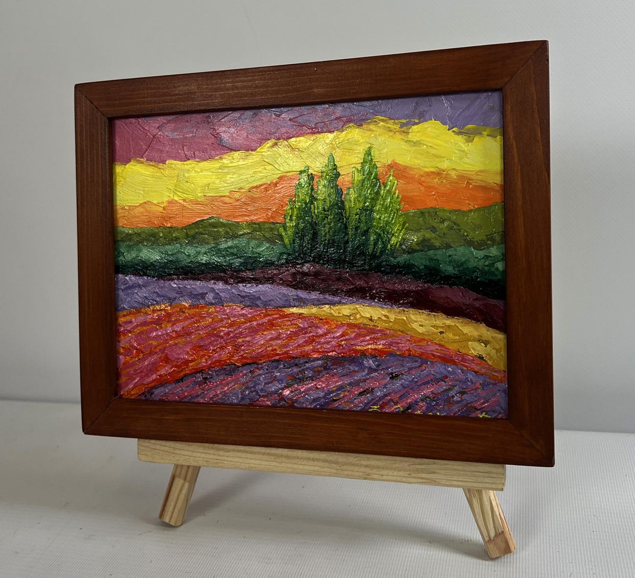 Oil painting of lavender field at sunset by V. Zadorozhnya in wooden frame
