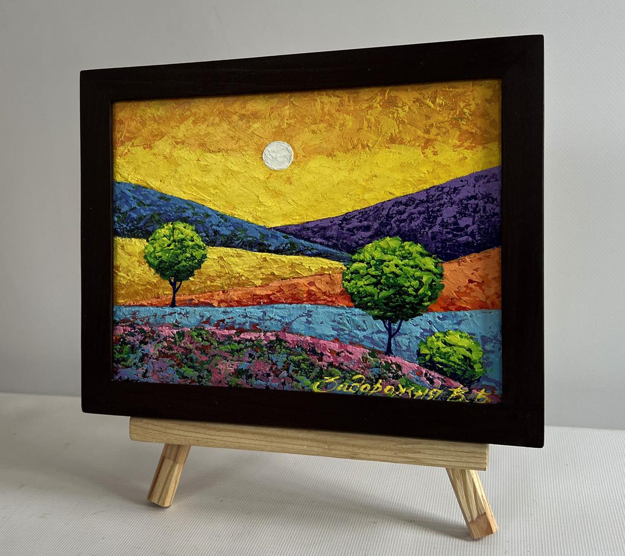 Oil painting Yellow sunset over flower meadows by V. Zadorozhnya in black frame