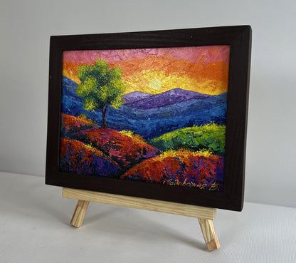 Oil painting Sunset in mountain valley by V. Zadorozhnya, vibrant tree and sunset