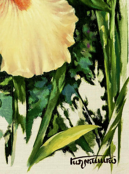 Oil painting of soft peach hibiscus by Vasily Korkishko