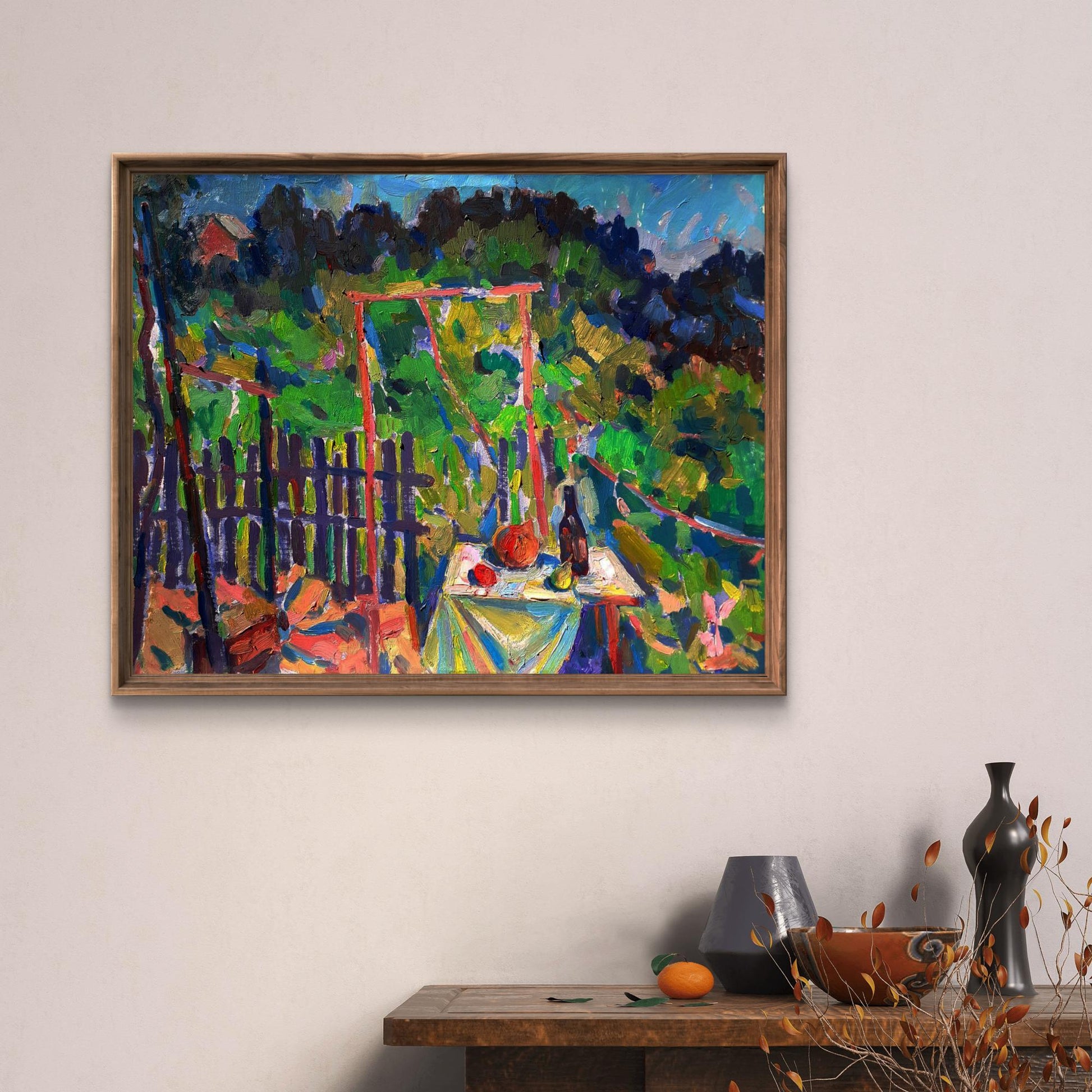 Vibrant impressionistic oil painting In the garden by Pavel Dobrev in rustic frame