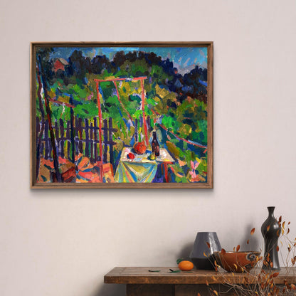 Vibrant impressionistic oil painting In the garden by Pavel Dobrev in rustic frame