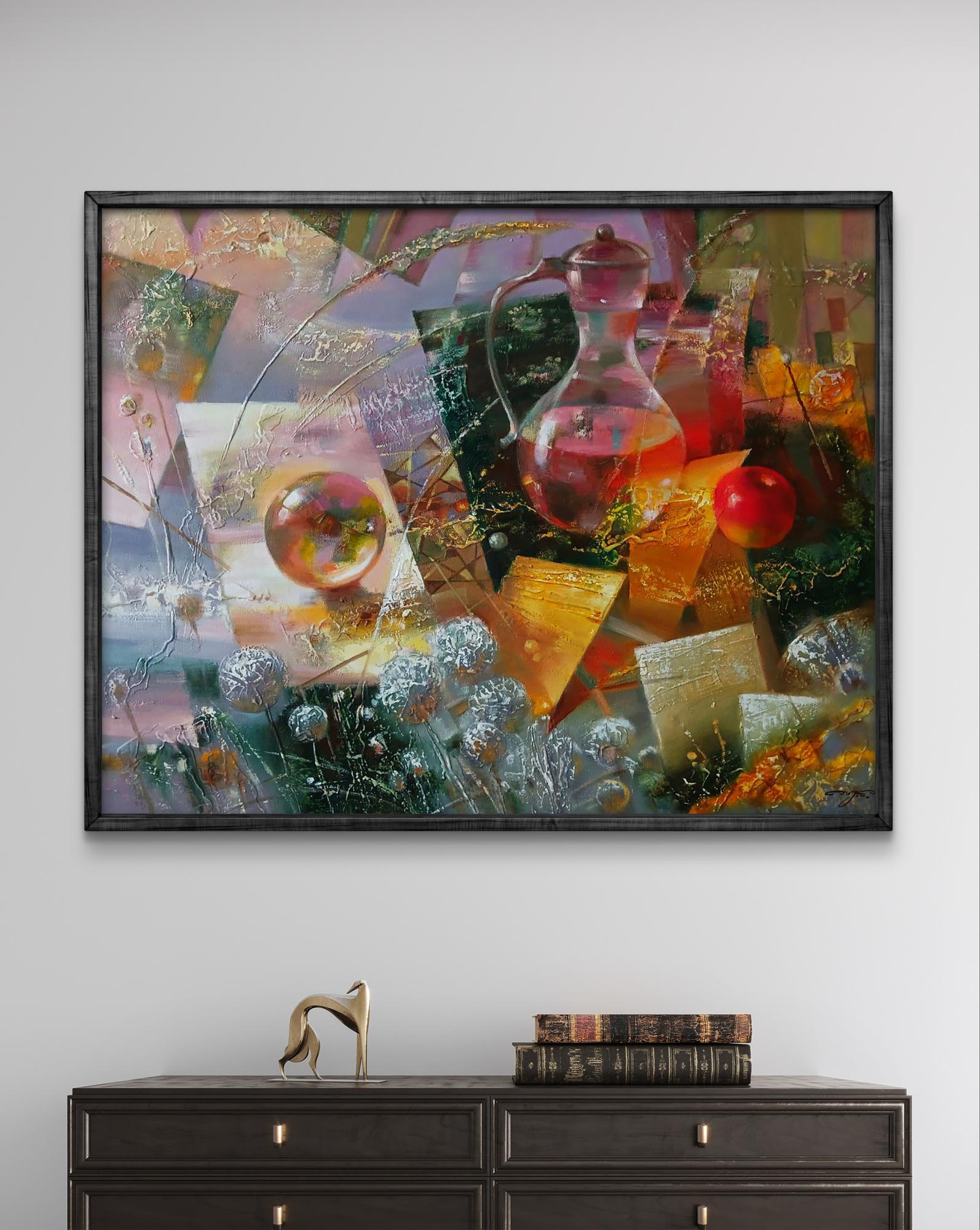 Abstract Golden Day oil painting by Anatoly Tarabanov in black frame