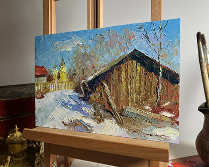 Oil painting It snowed in the city by Boris Serdyuk snowy barn scene