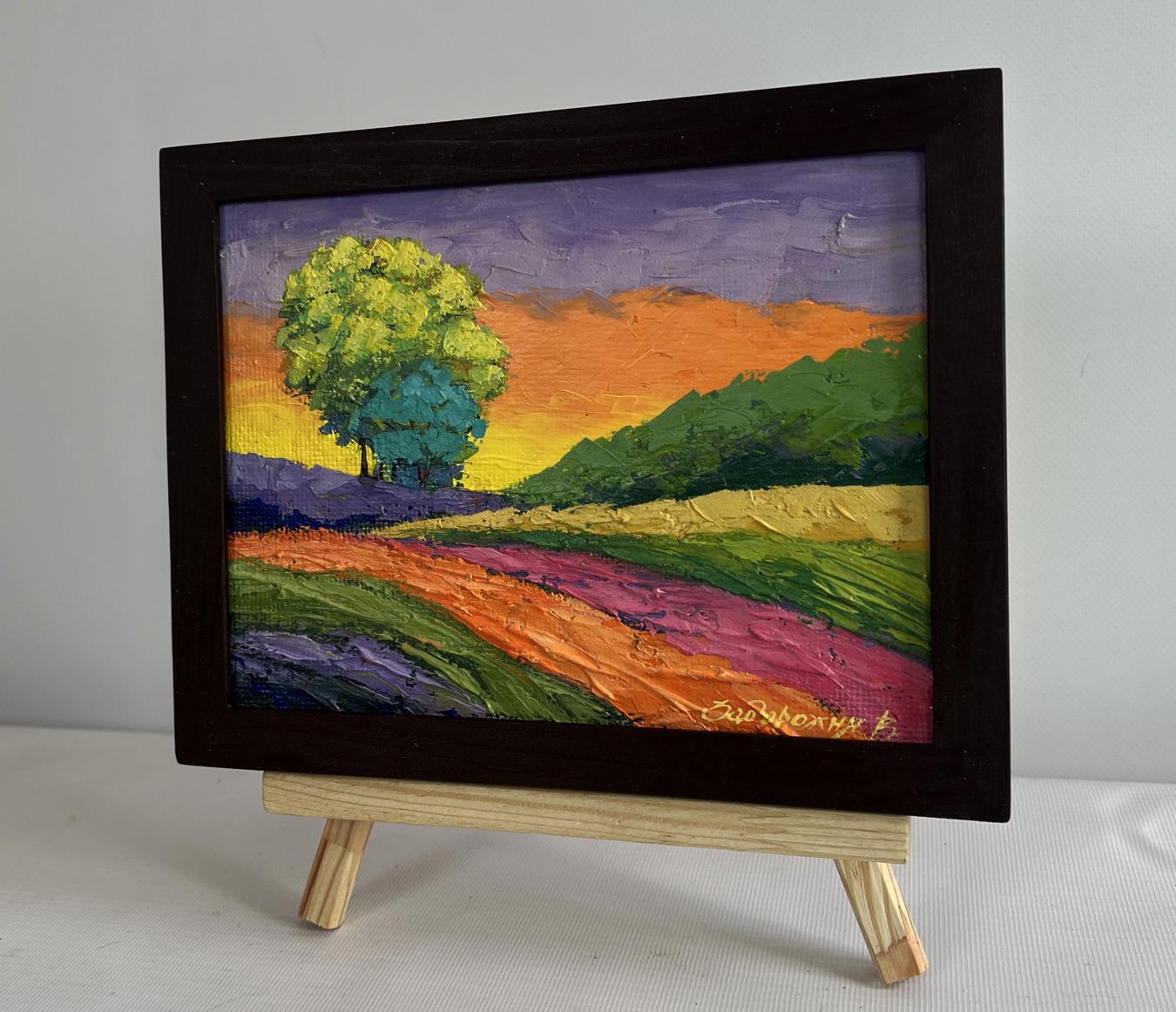 Oil painting Forest area with sunset by V. Zadorozhnya in black frame